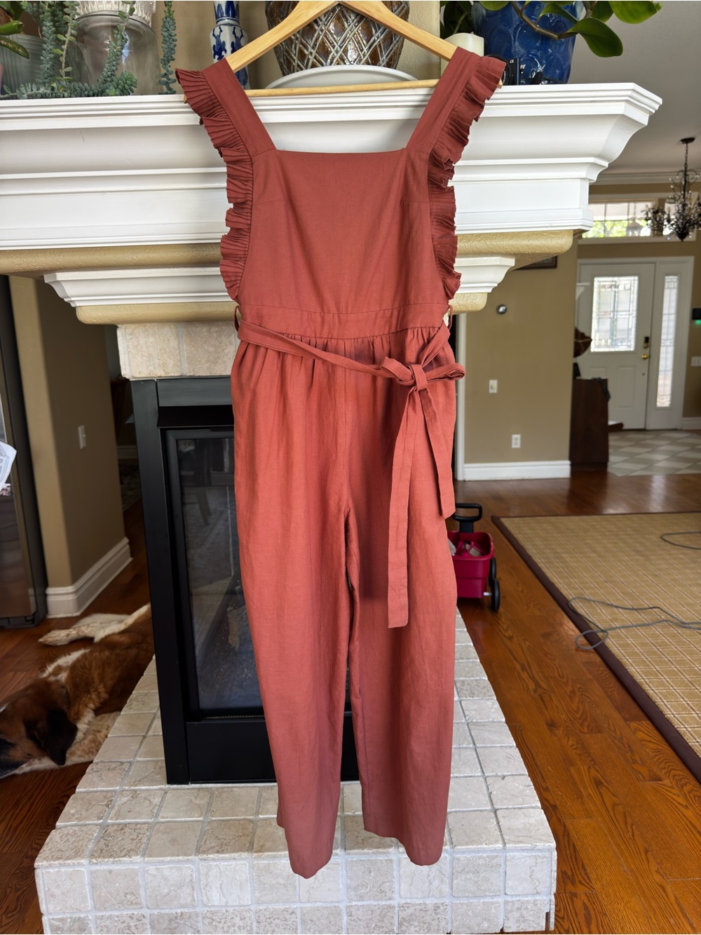 Storia Terra Cotta Cotton Ruffle Tie-Waist Wide-Leg Utility Jumpsuit Small